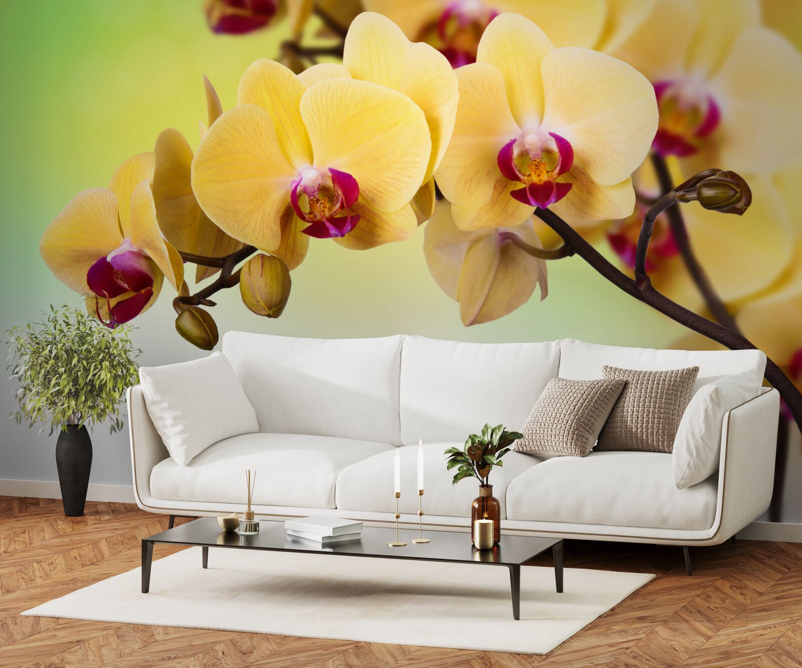Papier peint branche d'orchidée à fleurs jaunes
