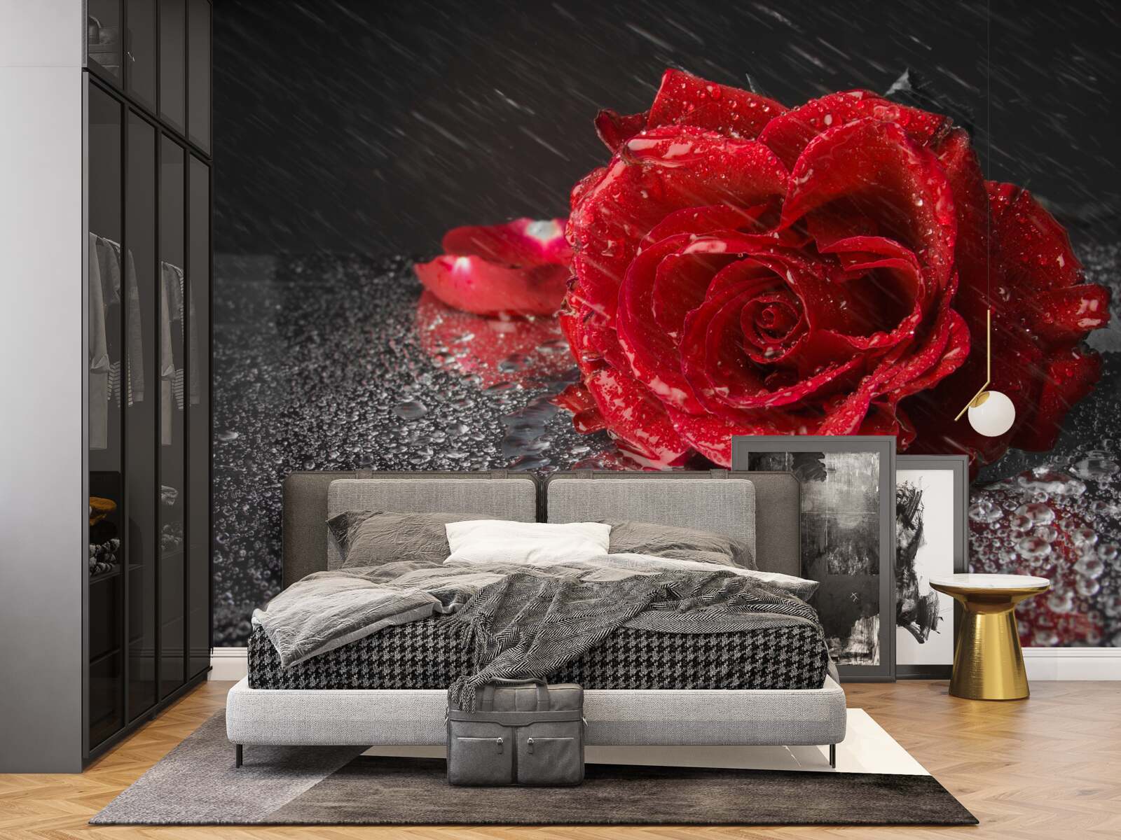 Papier peint une rose sous la pluie, rouge comme le sang
