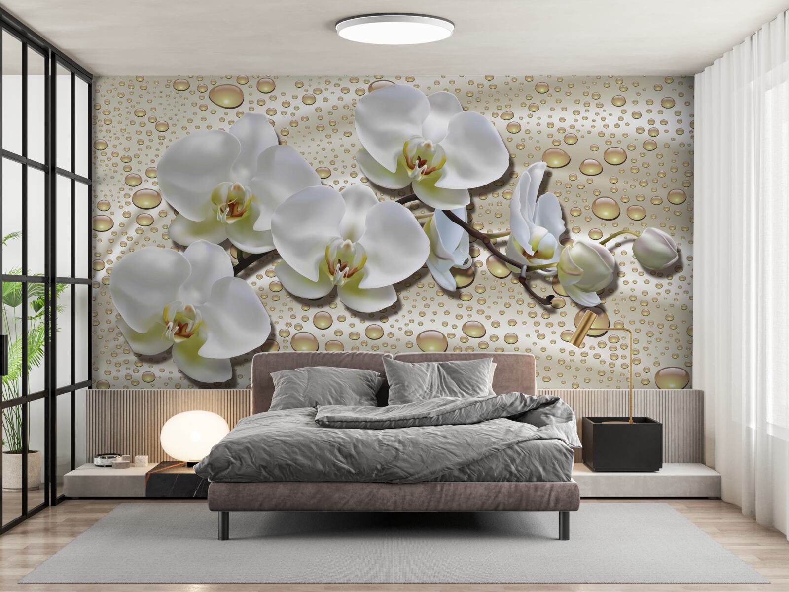 Papier peint branche d'orchidée blanche humidifiée par la pluie sur soie
