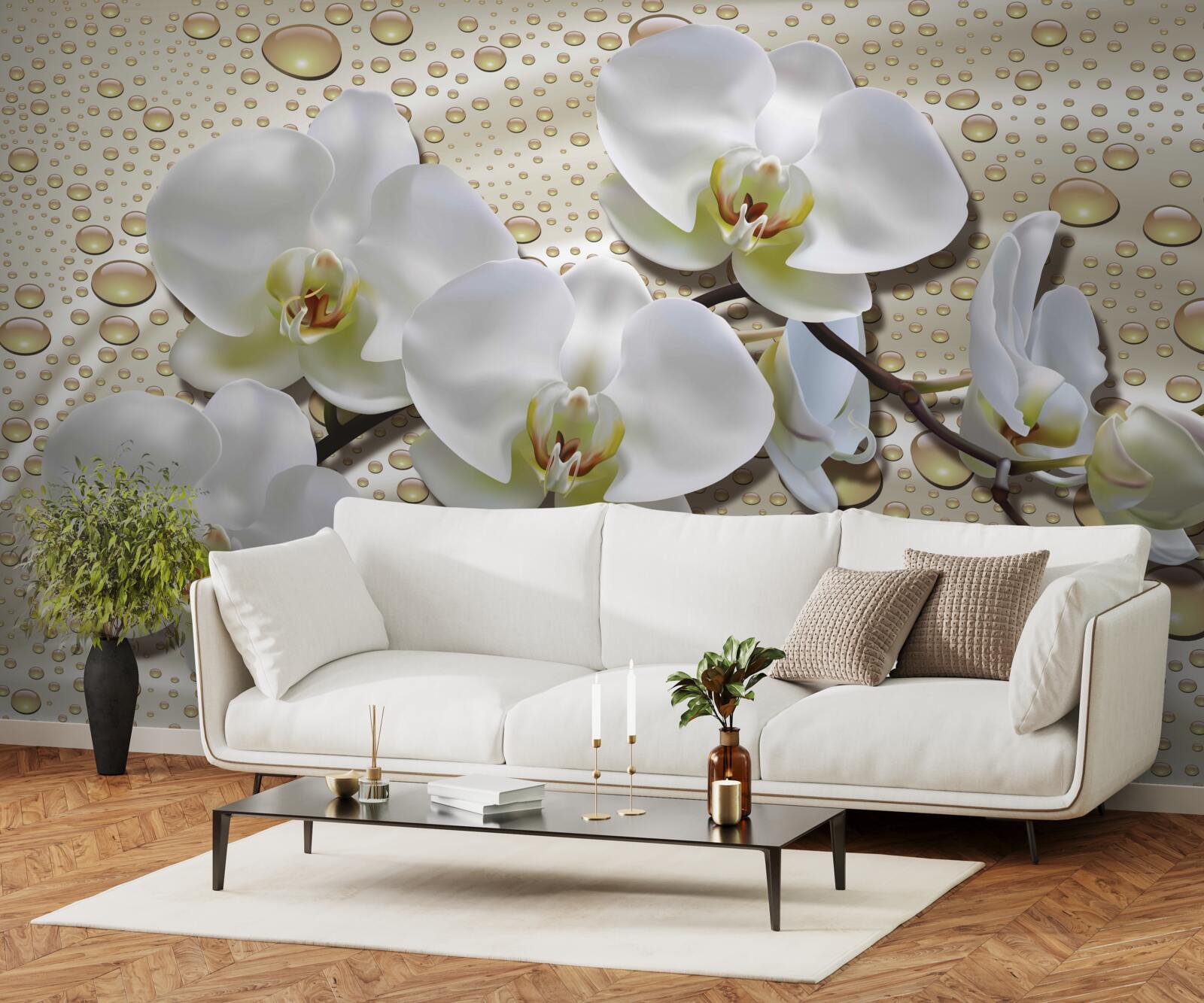 Papier peint branche d'orchidée blanche humidifiée par la pluie sur soie