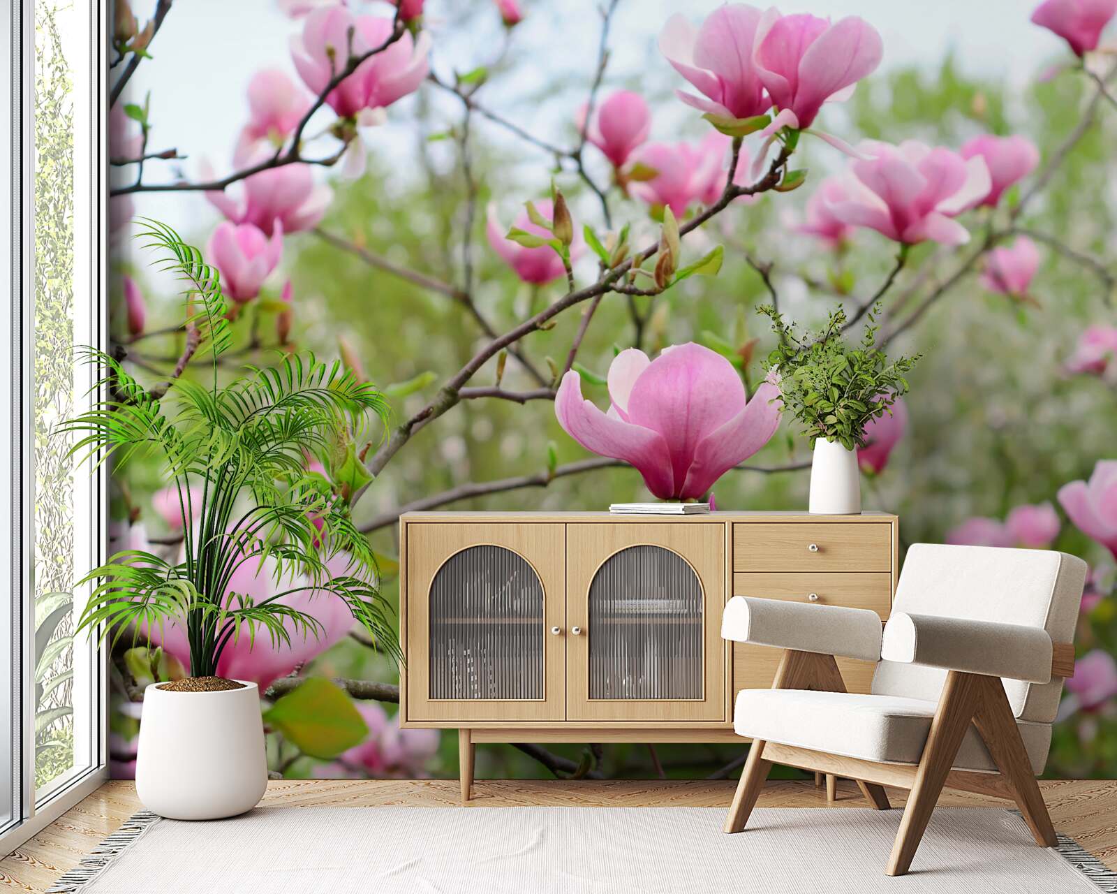 Papier peint jardin de magnolias avec des fleurs roses en été