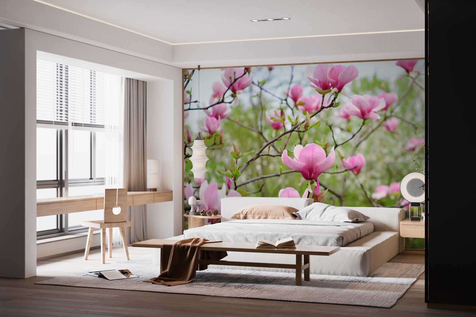 Papier peint jardin de magnolias avec des fleurs roses en été