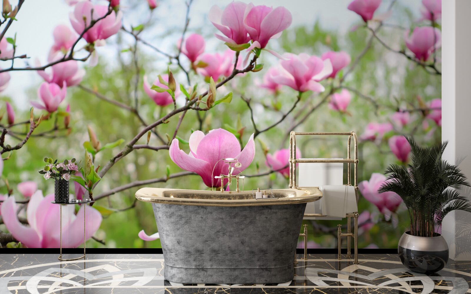 Papier peint jardin de magnolias avec des fleurs roses en été