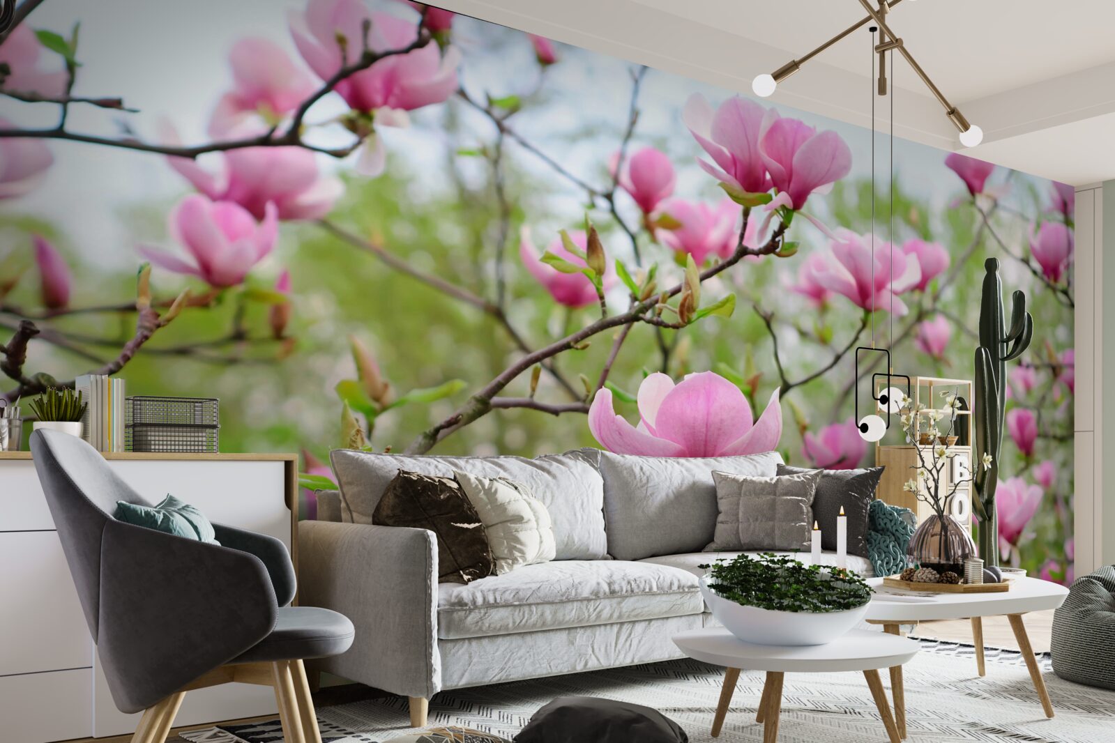 Papier peint jardin de magnolias avec des fleurs roses en été