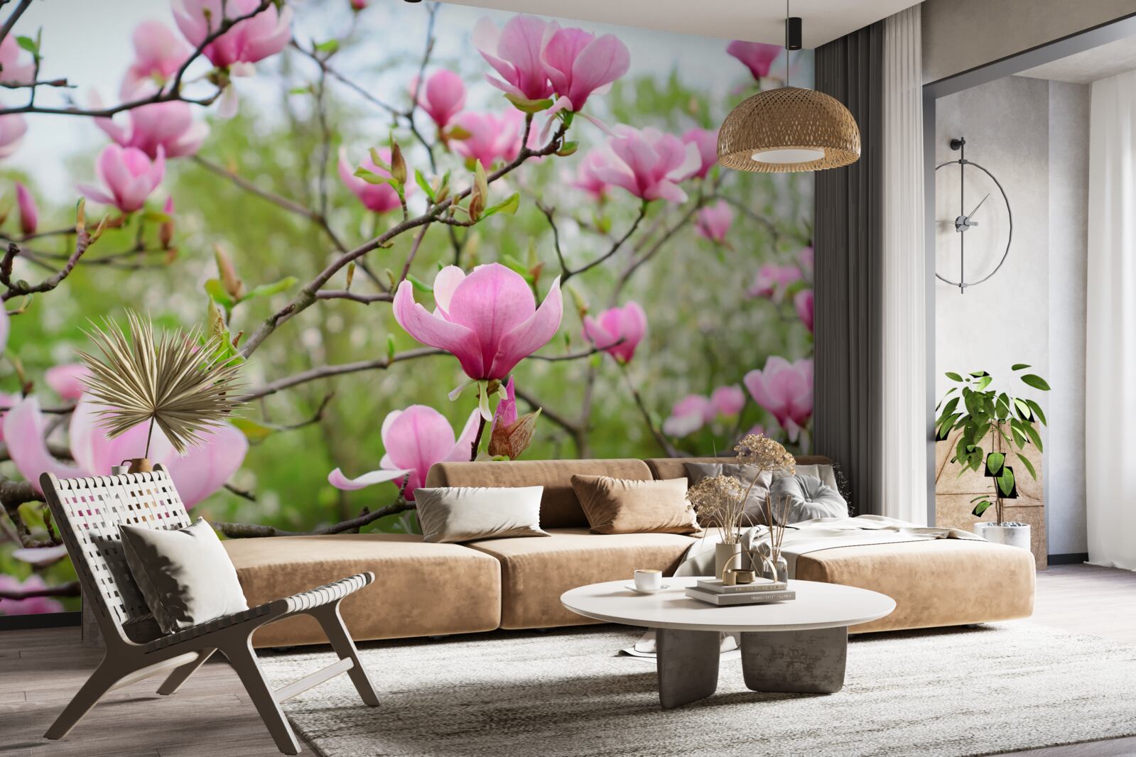 Papier peint jardin de magnolias avec des fleurs roses en été