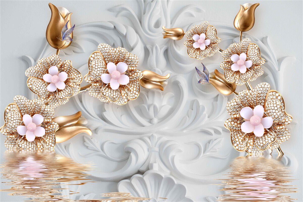 Papier peint fleurs blanches, finition en bronze et décorées de cristaux