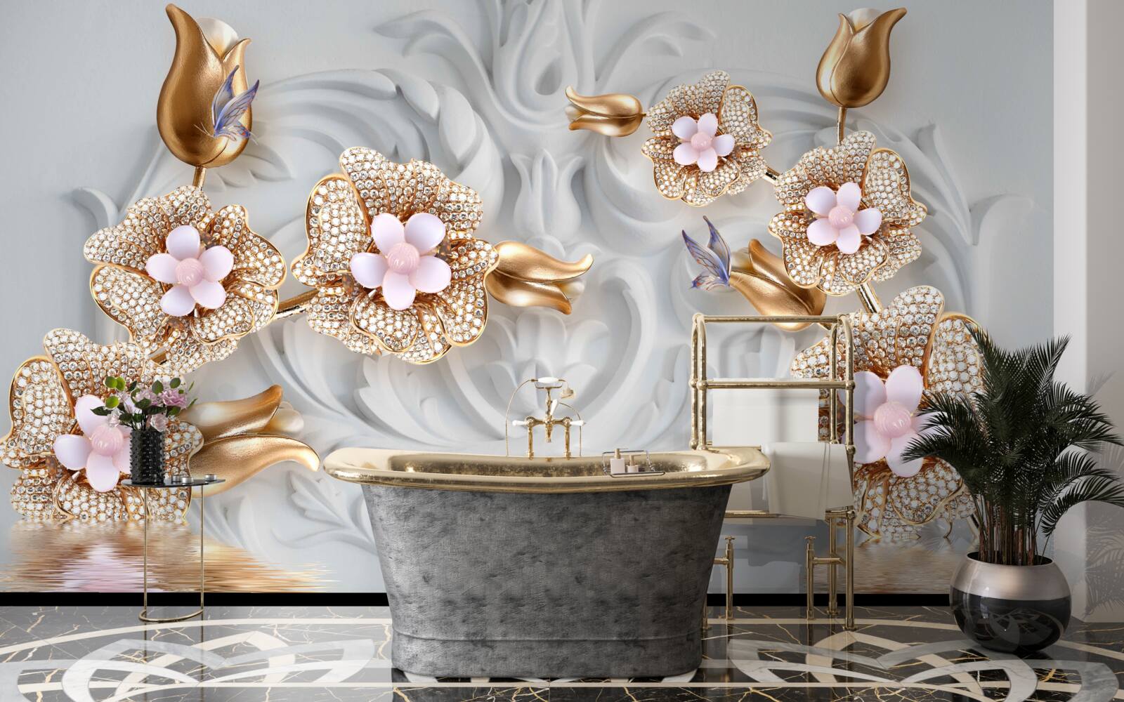 Papier peint fleurs blanches, finition en bronze et décorées de cristaux