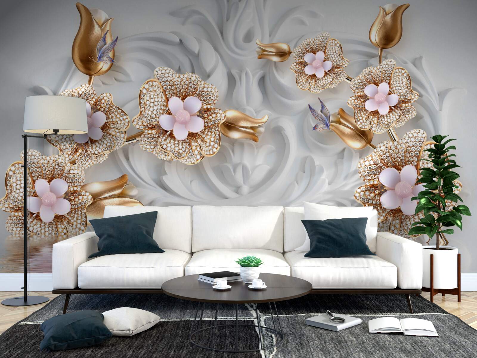Papier peint fleurs blanches, finition en bronze et décorées de cristaux