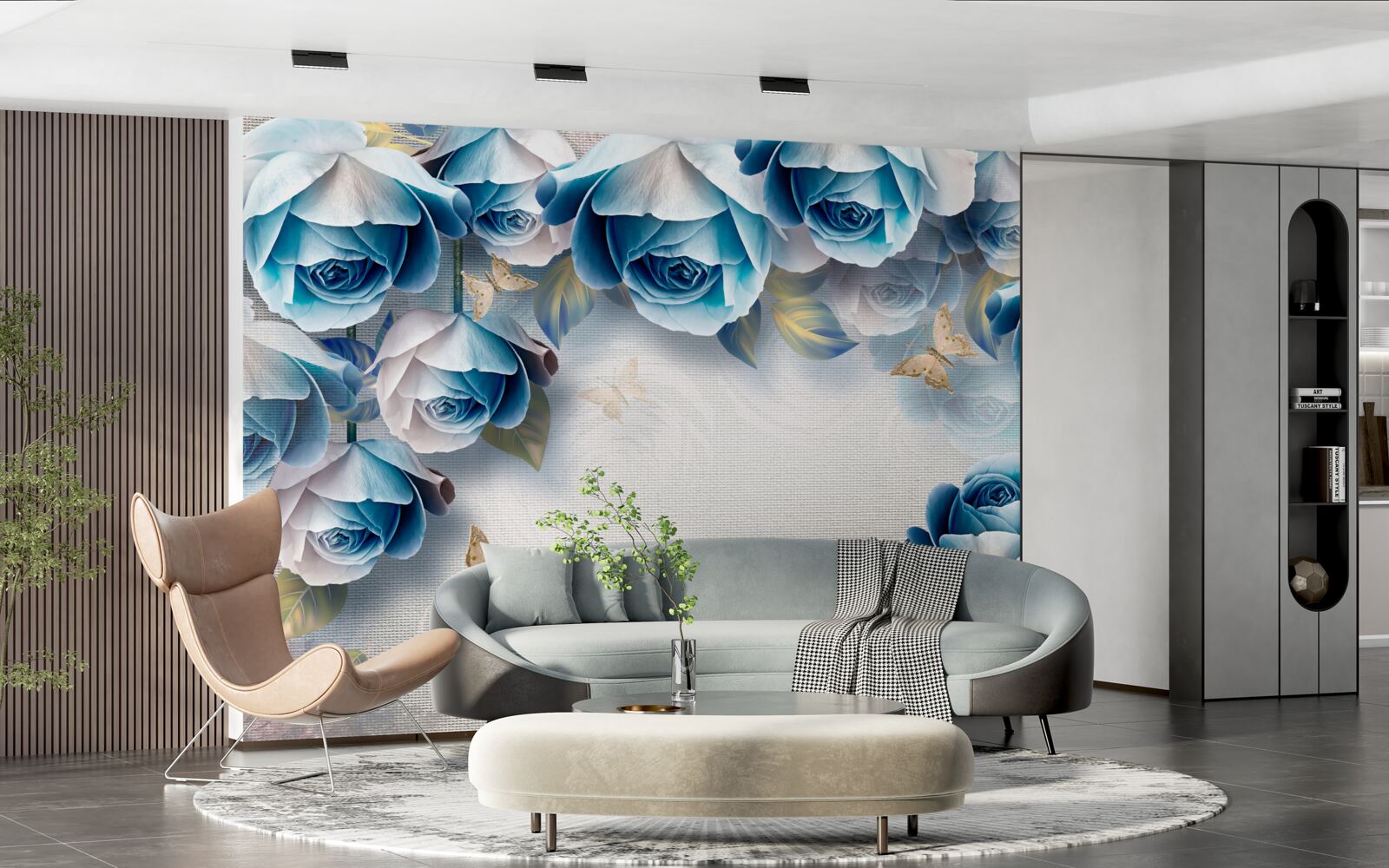 Papier peint papillons et roses bleues