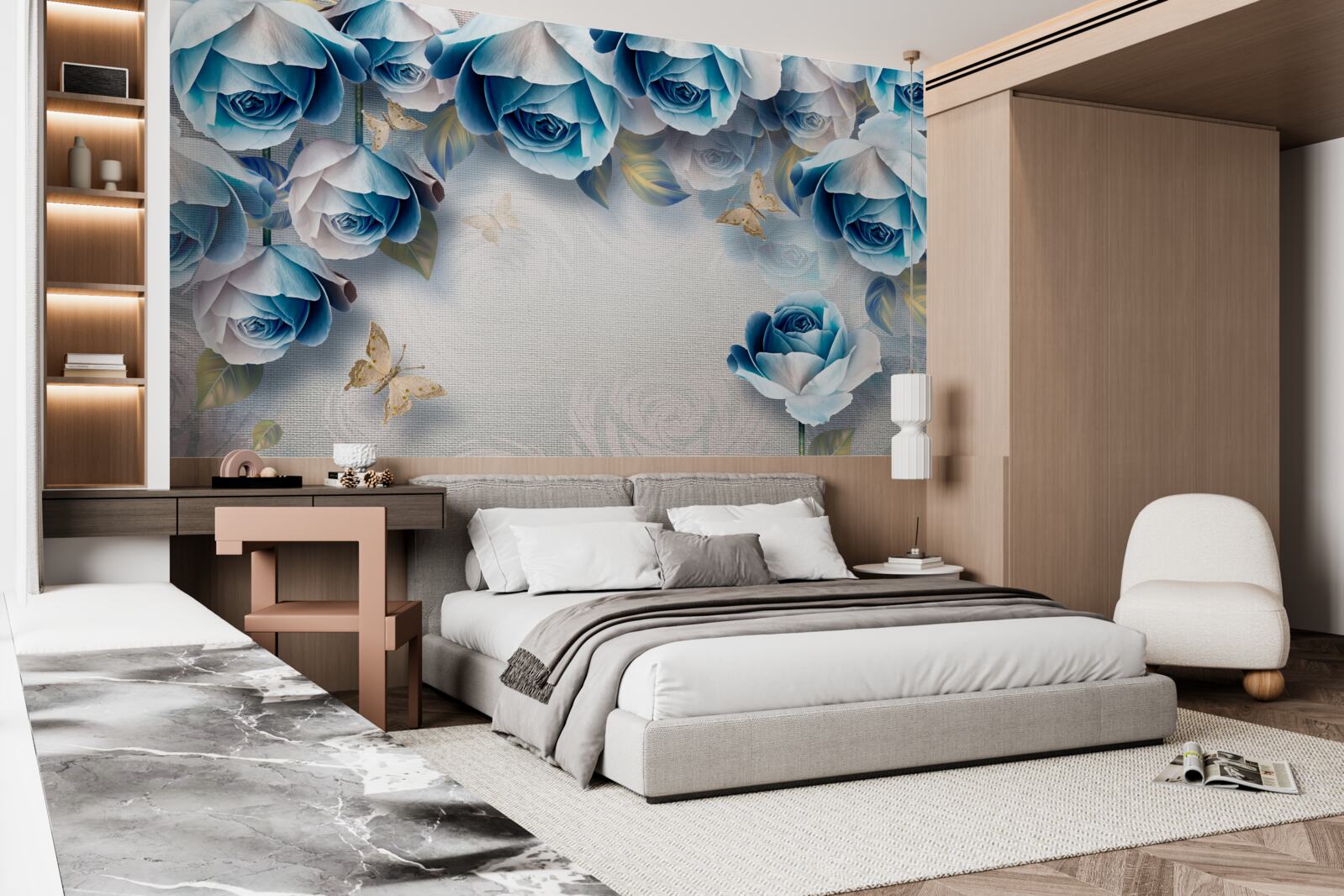 Papier peint papillons et roses bleues
