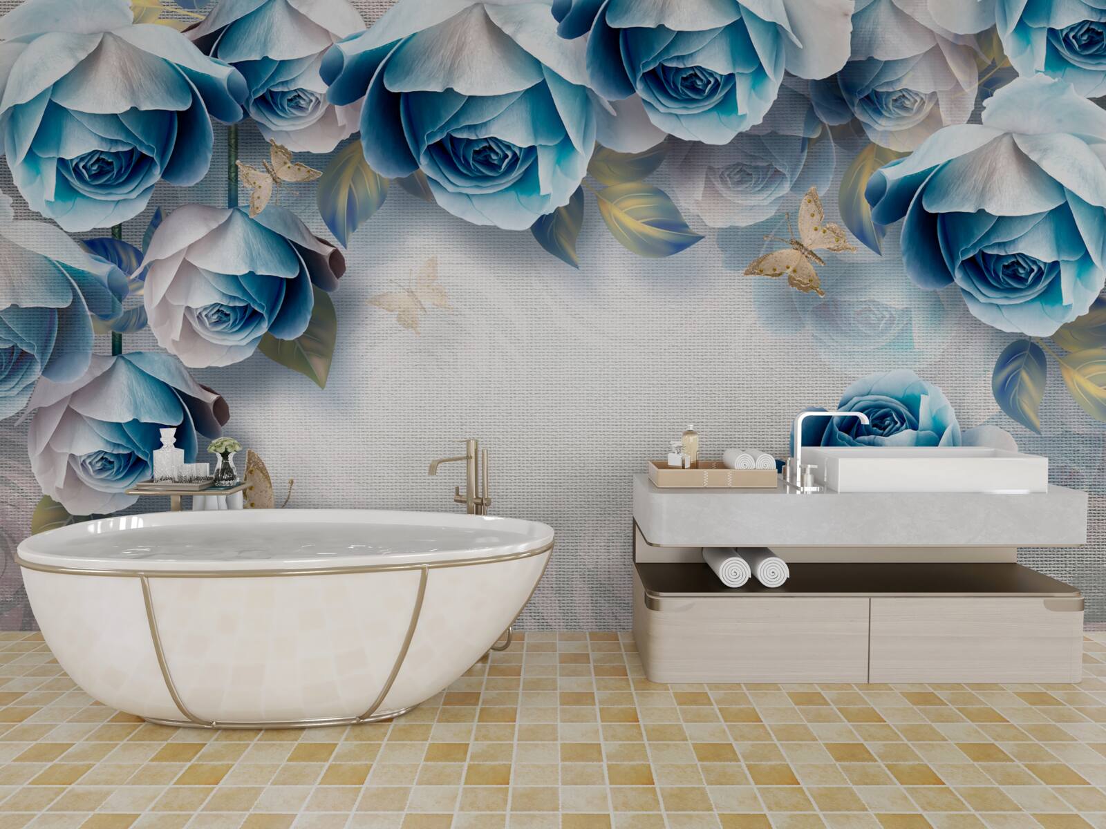 Papier peint papillons et roses bleues
