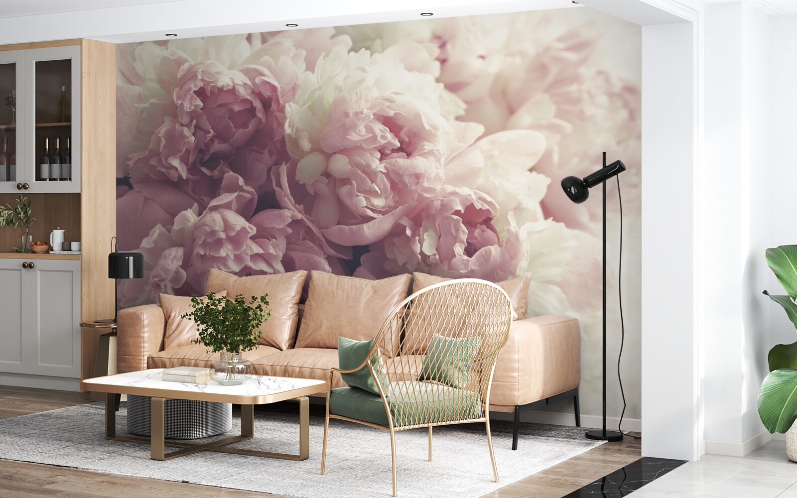 Papier peint bouquet de pivoines aux couleurs pastel