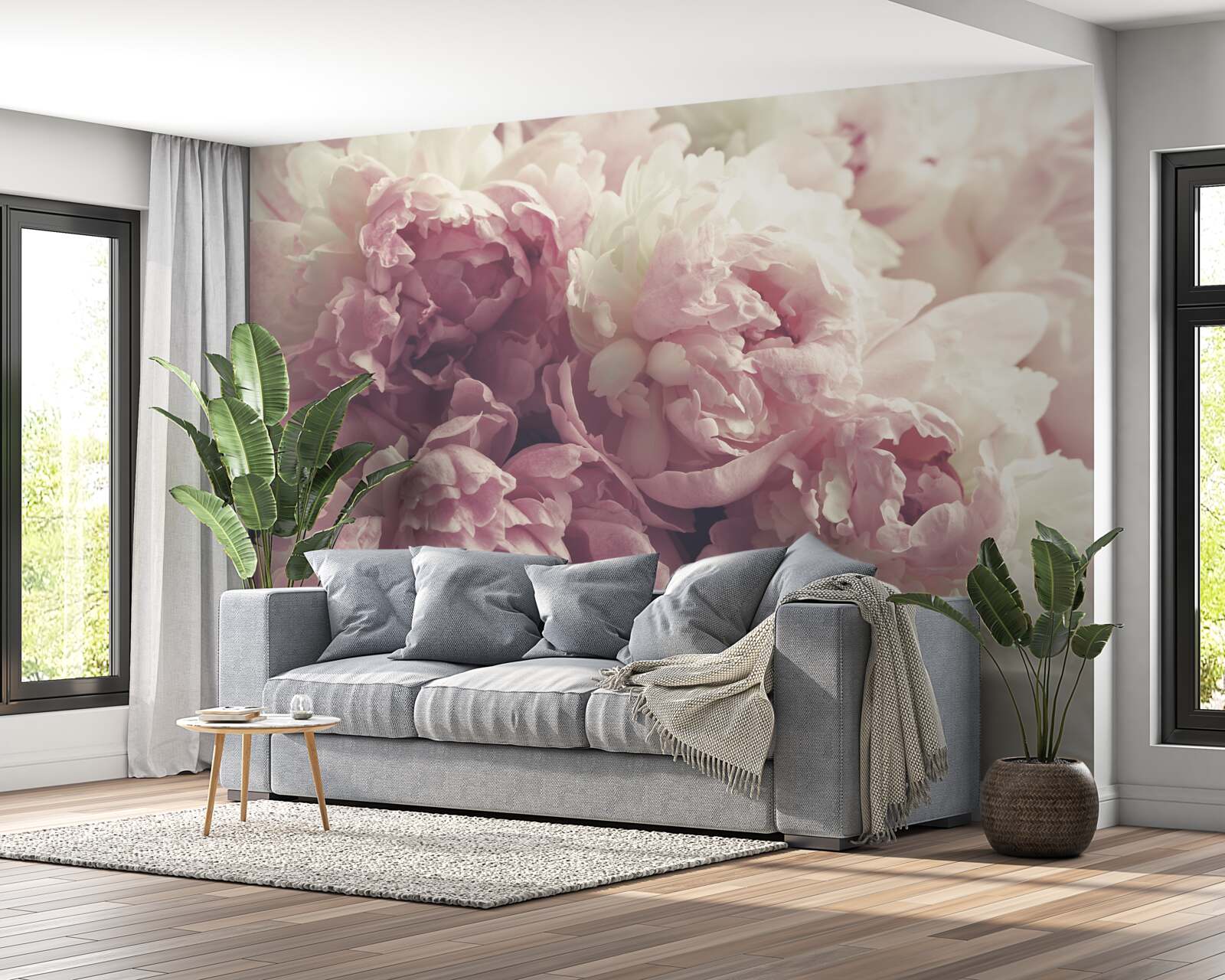 Papier peint bouquet de pivoines aux couleurs pastel