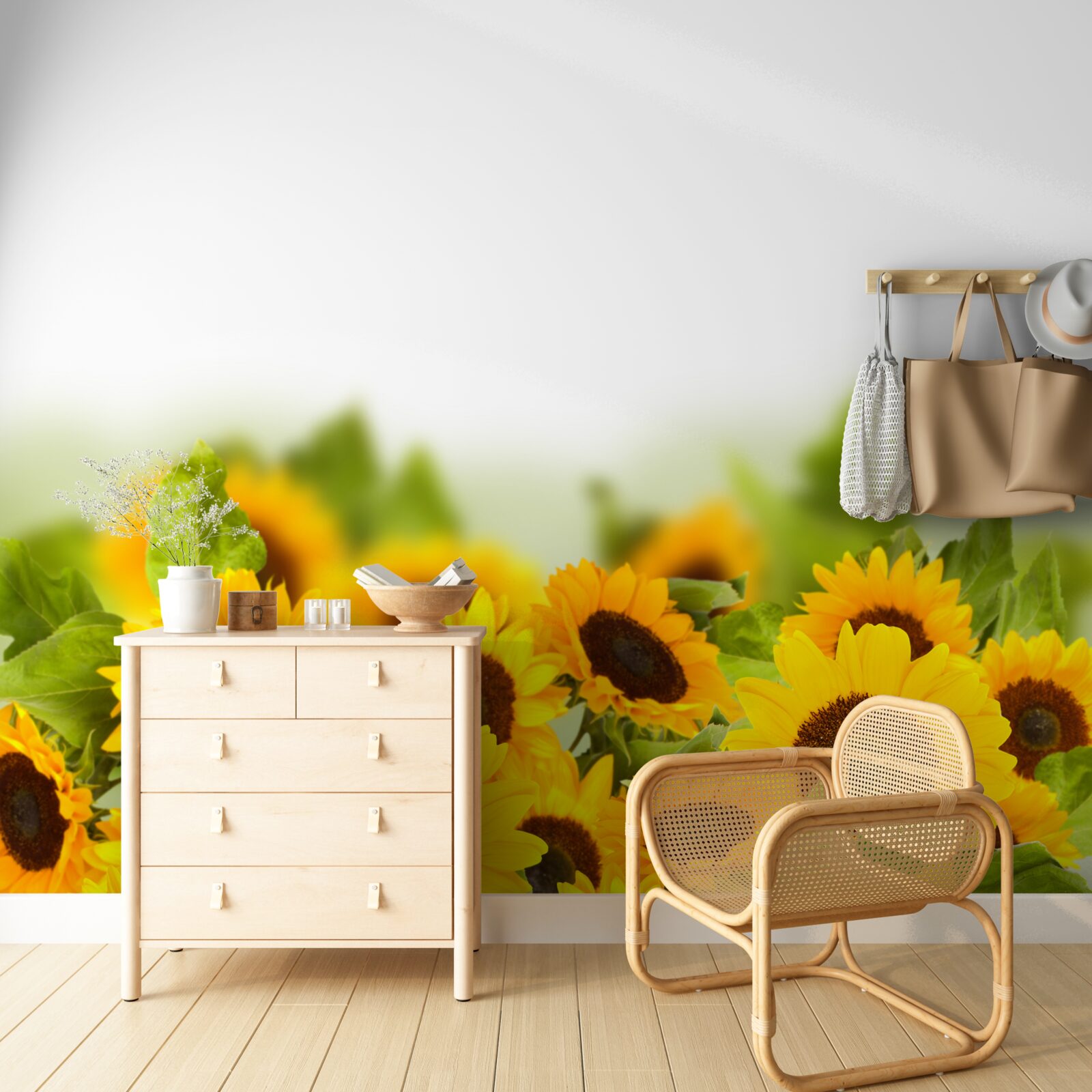 Papier peint champ décoré de tournesols colorés