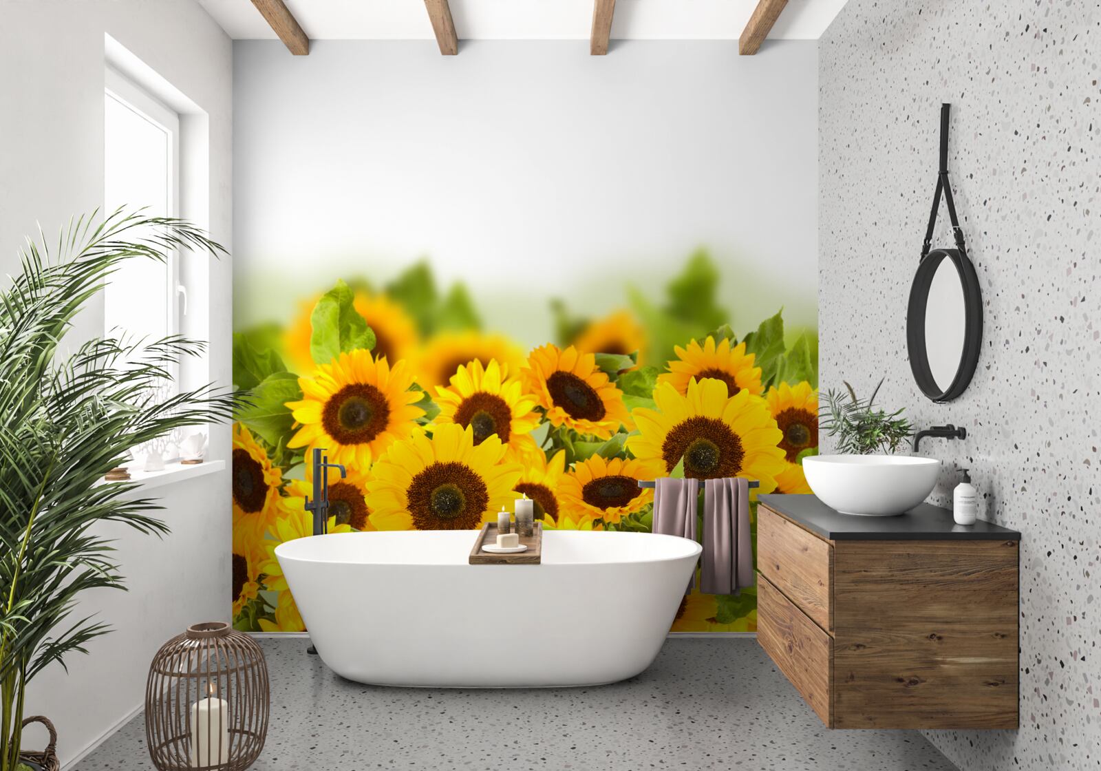 Papier peint champ décoré de tournesols colorés