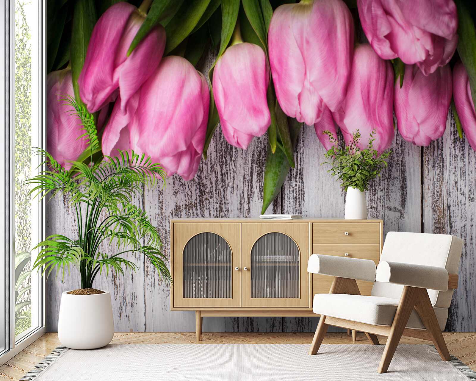 Papier peint tulipes roses sur fond de bois