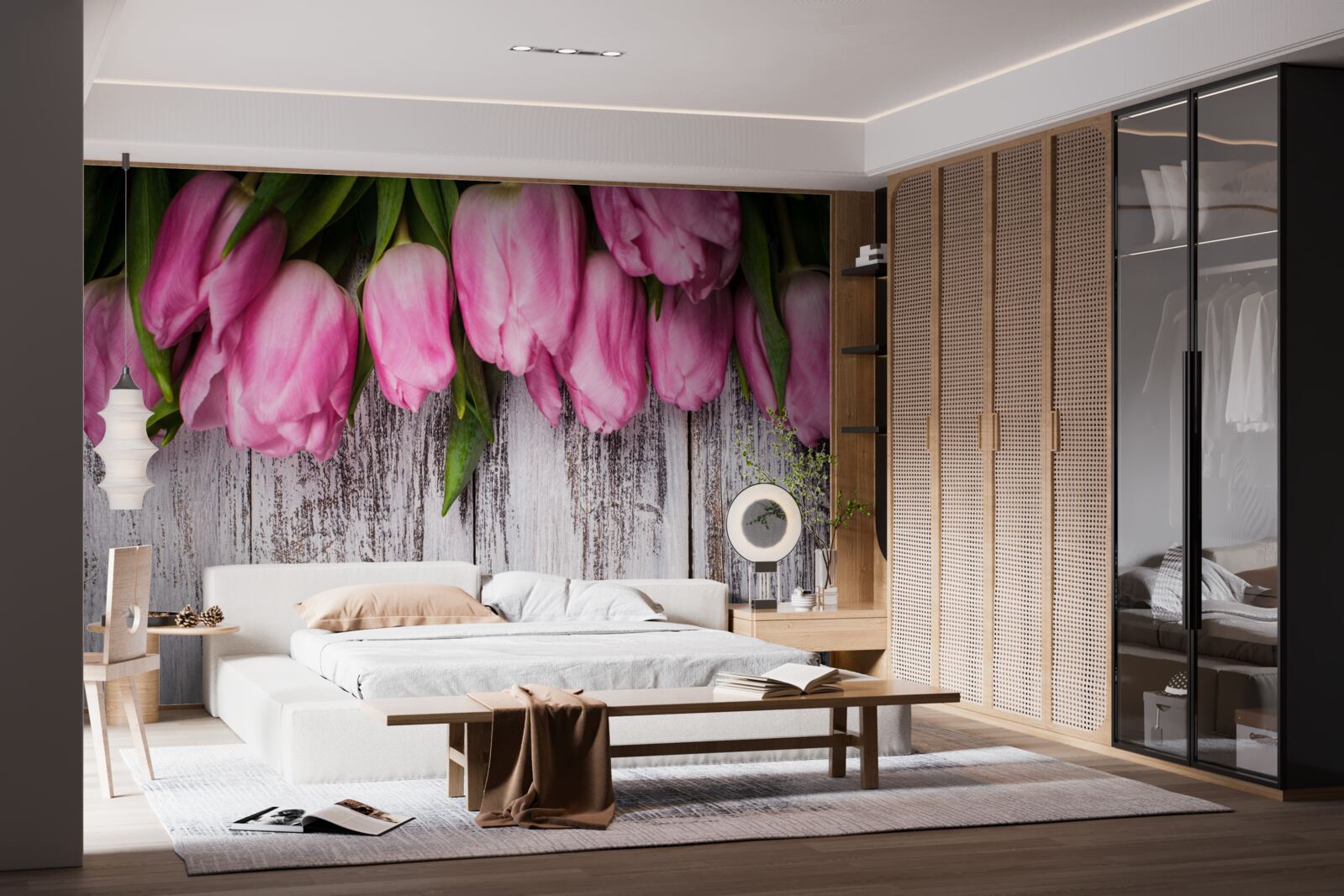 Papier peint tulipes roses sur fond de bois