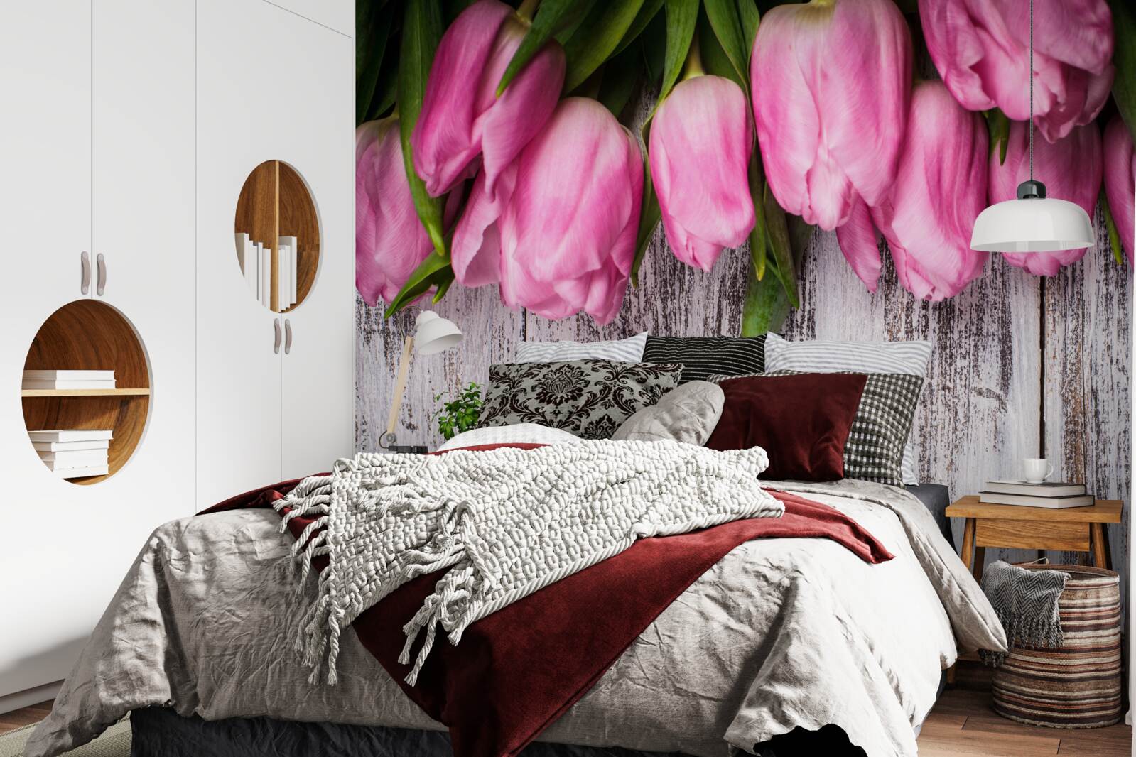 Papier peint tulipes roses sur fond de bois