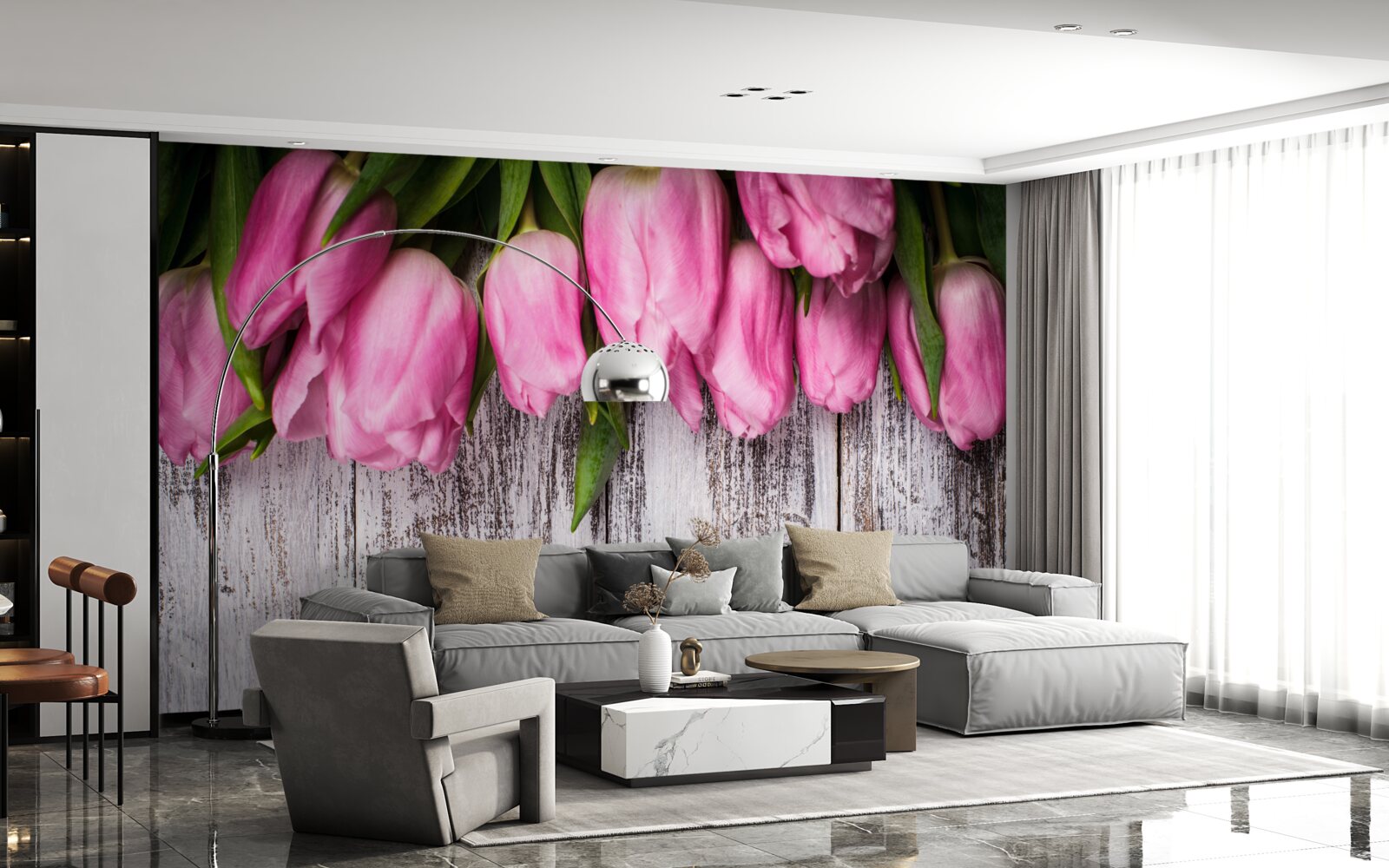 Papier peint tulipes roses sur fond de bois