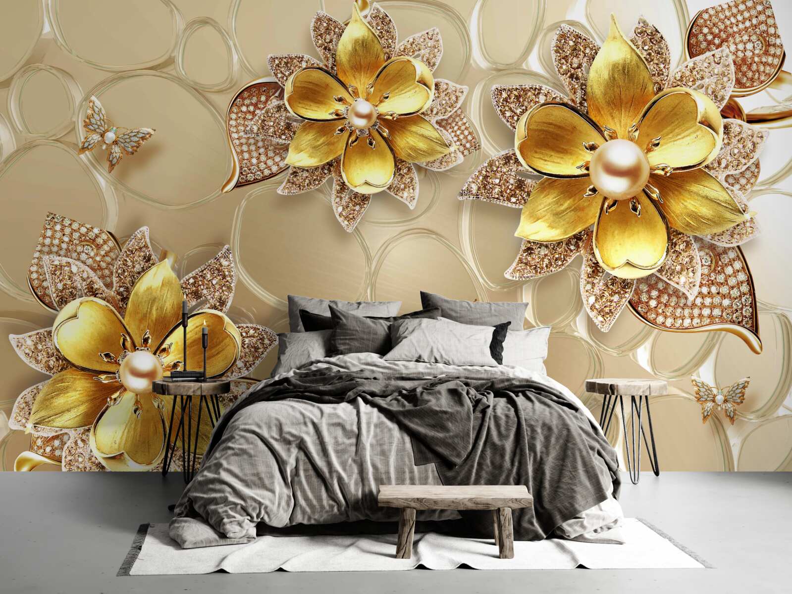 Papier peint fleurs en or, décorées de cristaux