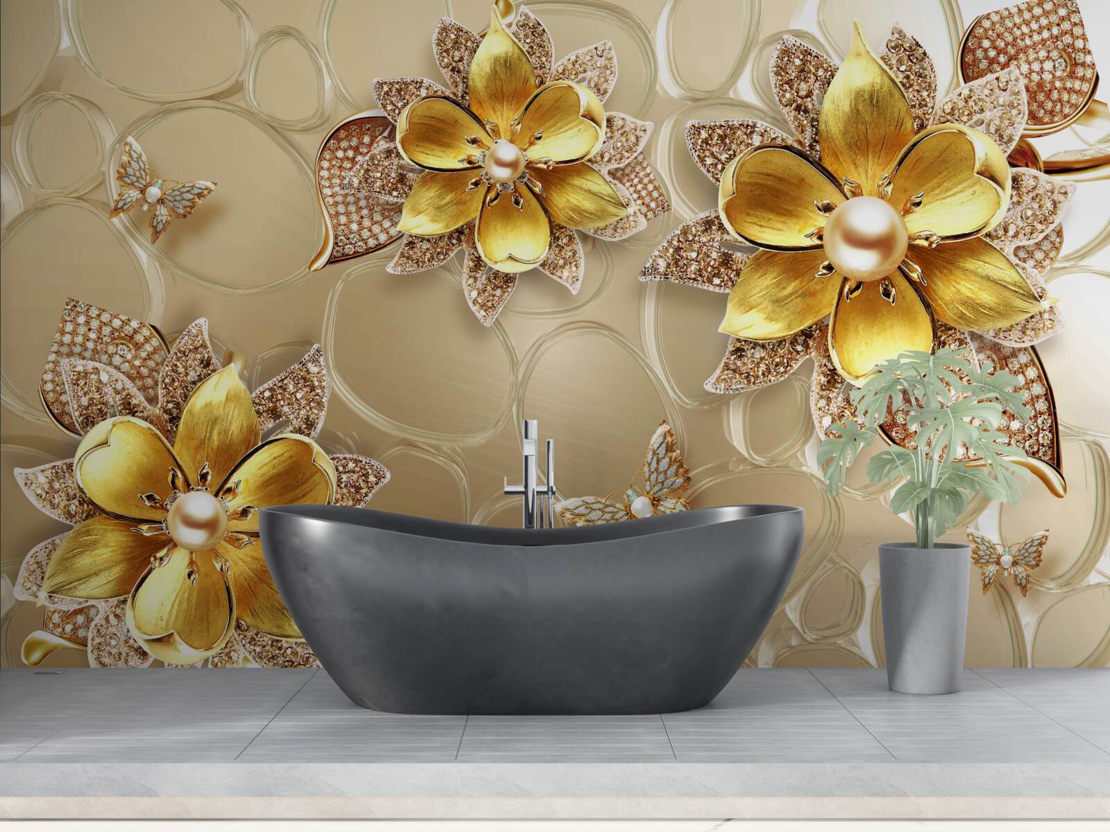 Papier peint fleurs en or, décorées de cristaux