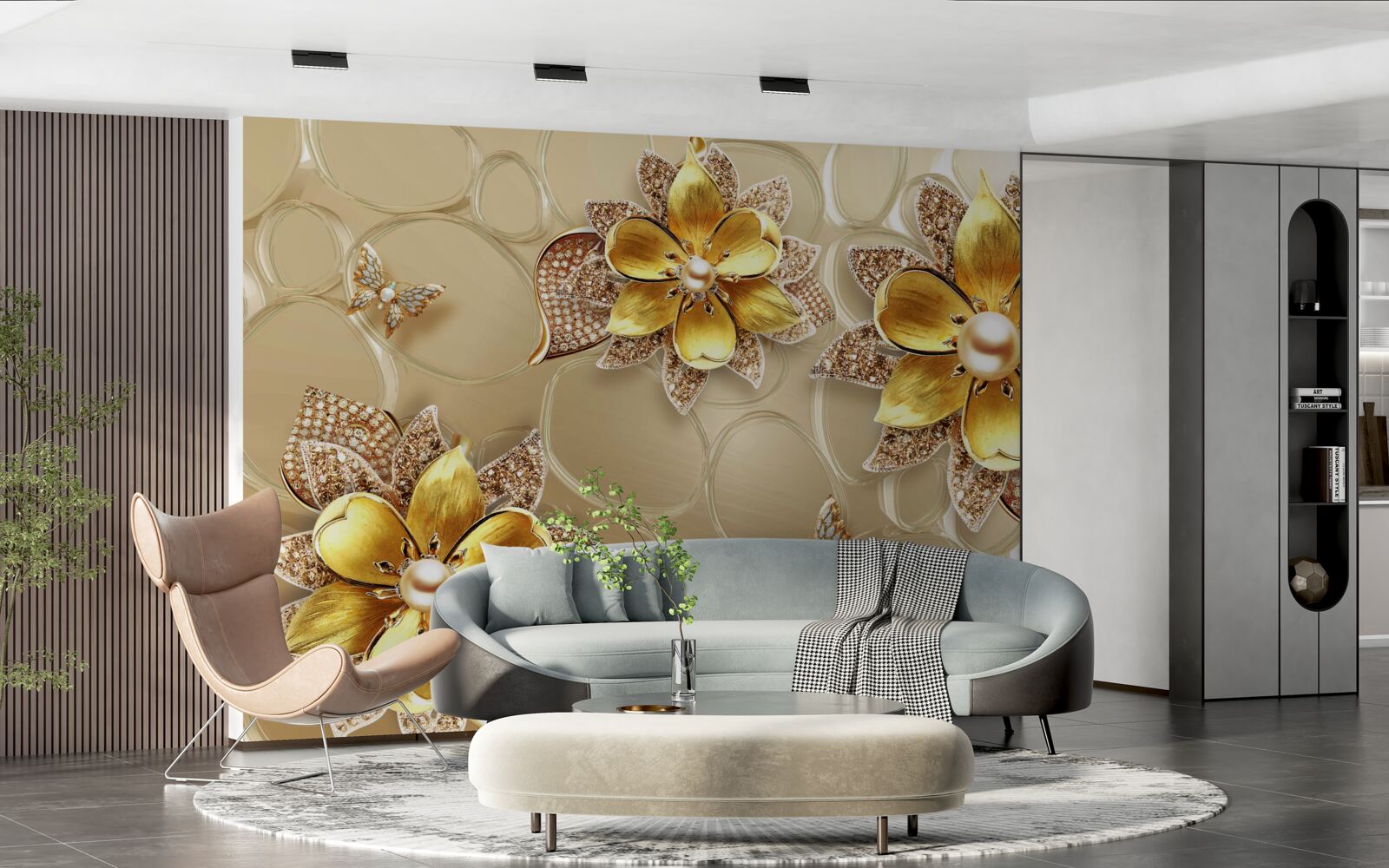 Papier peint fleurs en or, décorées de cristaux