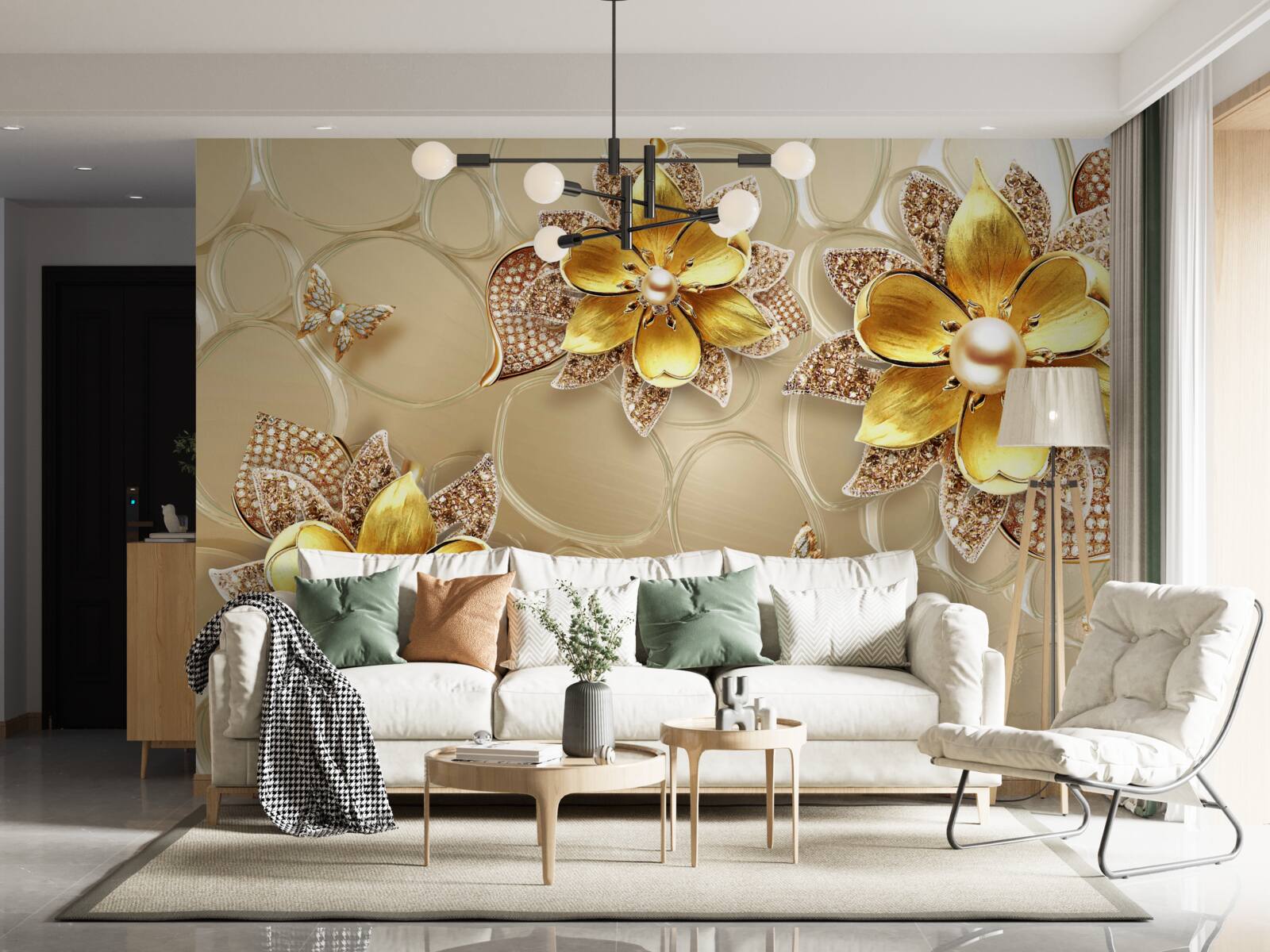 Papier peint fleurs en or, décorées de cristaux