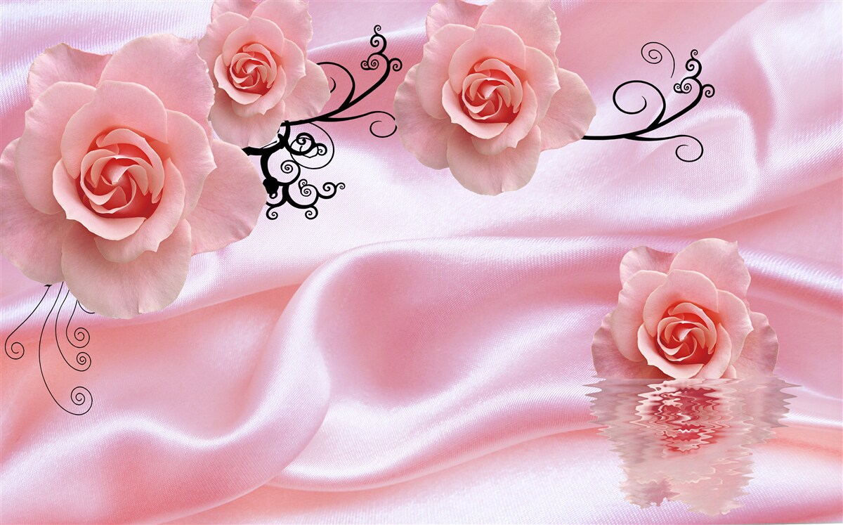 Papier peint fleurs roses sur tissu de soie rose