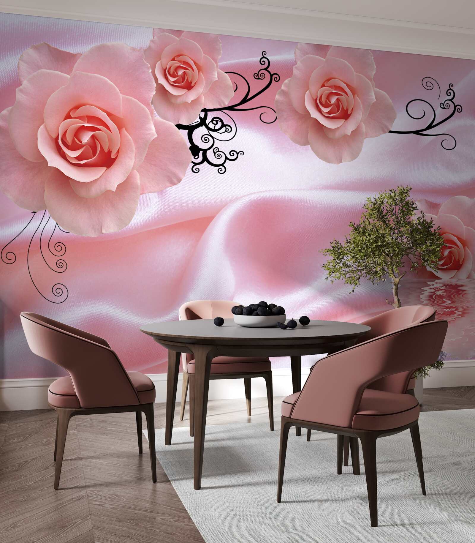 Papier peint fleurs roses sur tissu de soie rose