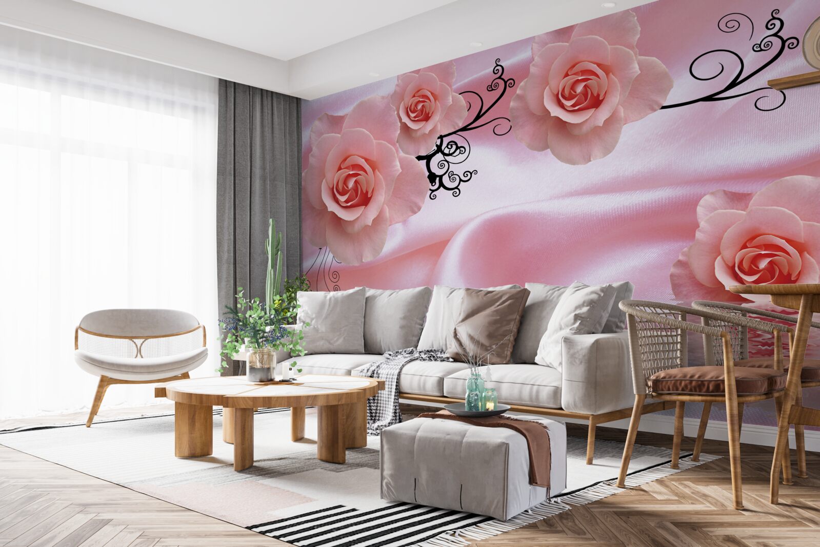 Papier peint fleurs roses sur tissu de soie rose
