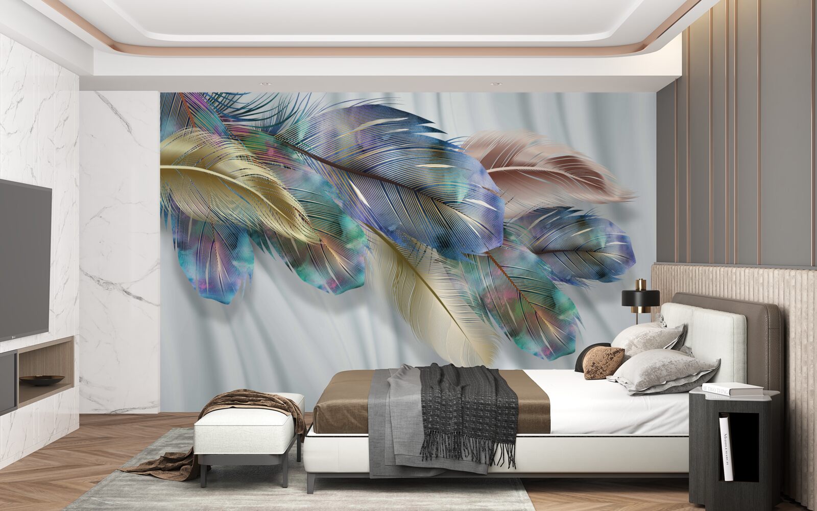 Papier peint plumes extravagantes sur fond blanc pur