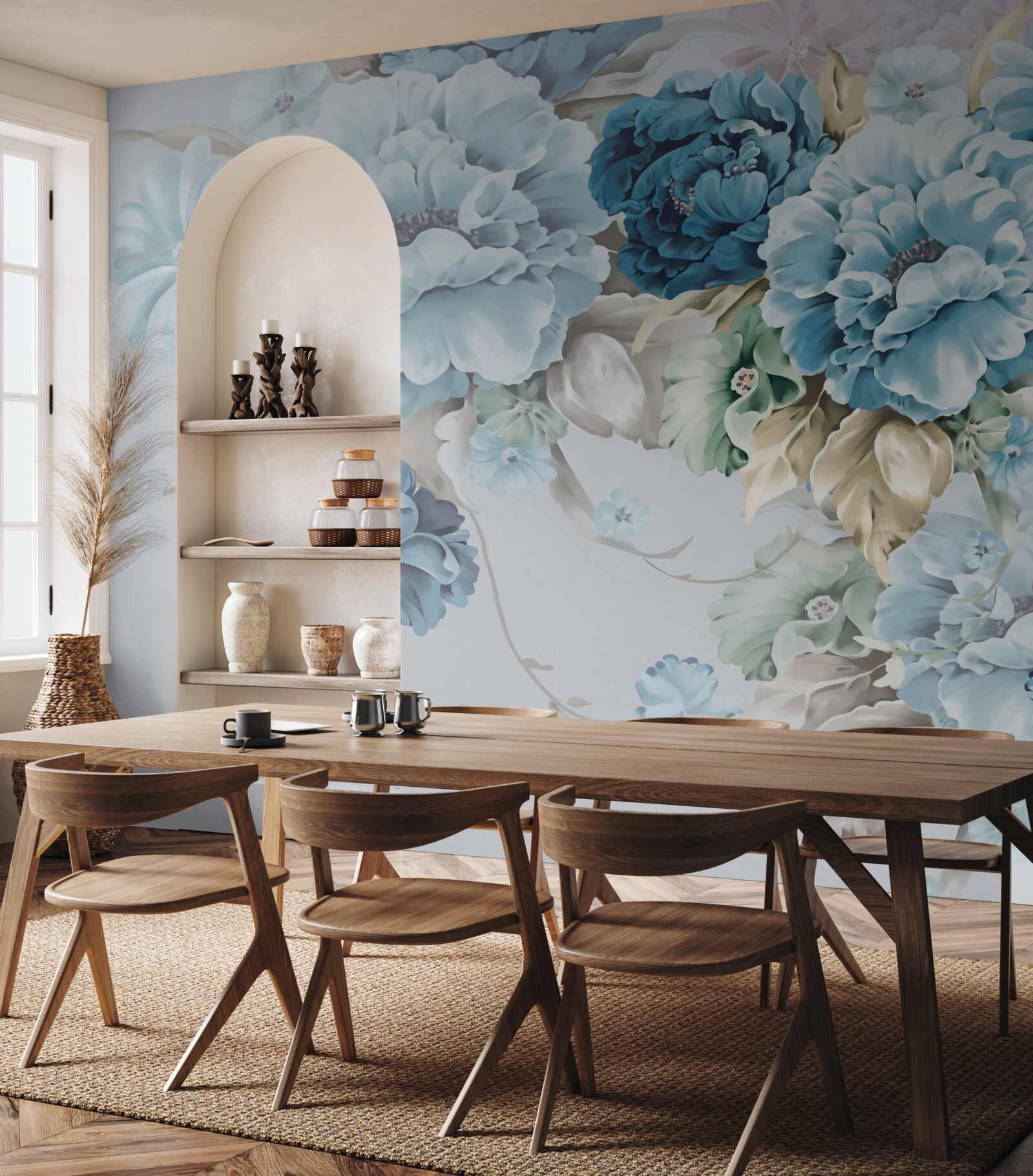 Papier peint la composition contient des fleurs lilas et bleues