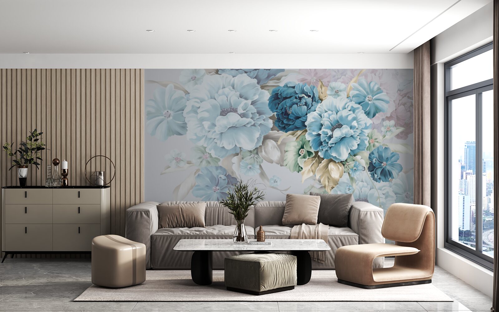 Papier peint la composition contient des fleurs lilas et bleues