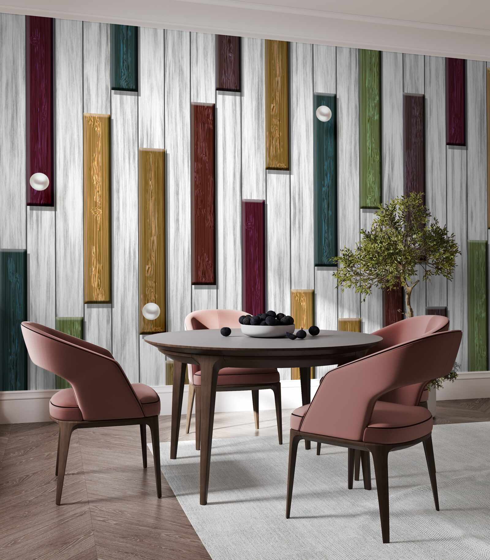 Papier peint rayures multicolores sur fond gris