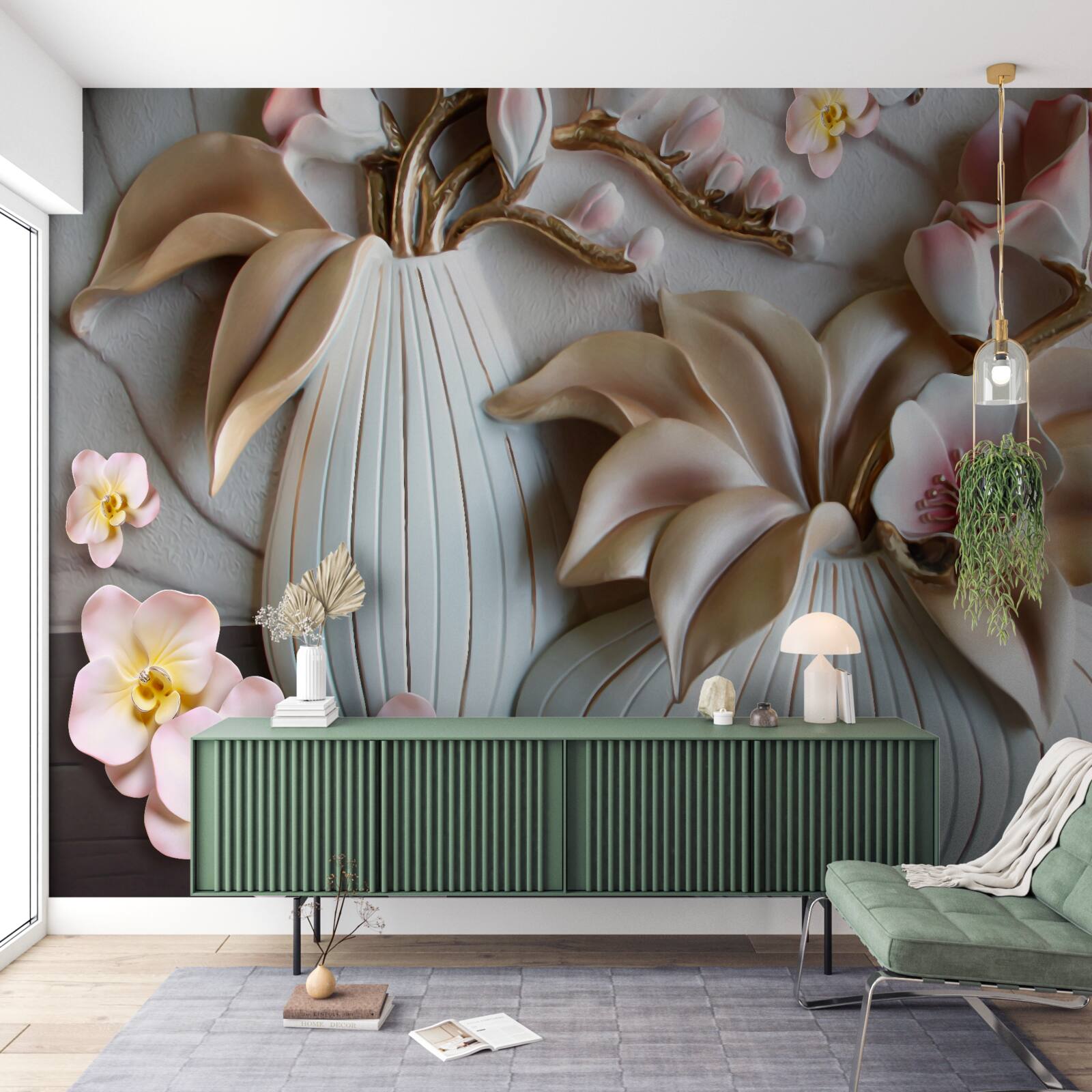 Papier peint divers vases à orchidées blancs