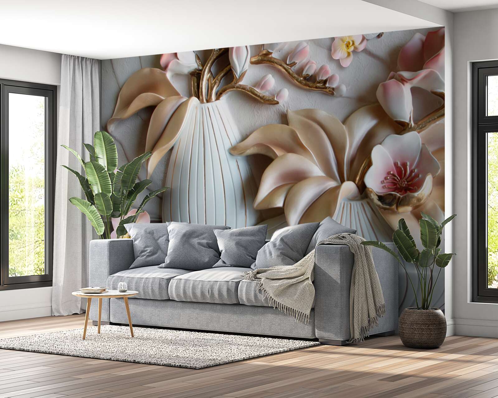 Papier peint divers vases à orchidées blancs