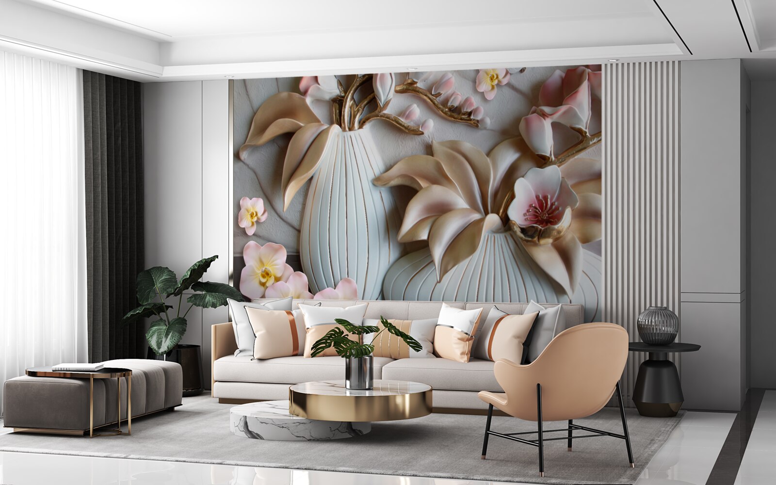 Papier peint divers vases à orchidées blancs
