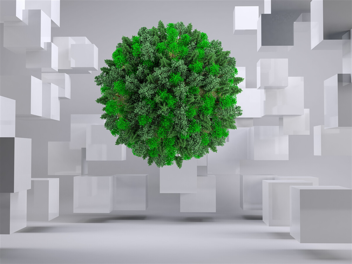 Papier peint carte géométrique recouverte d'un manteau vert de plantes