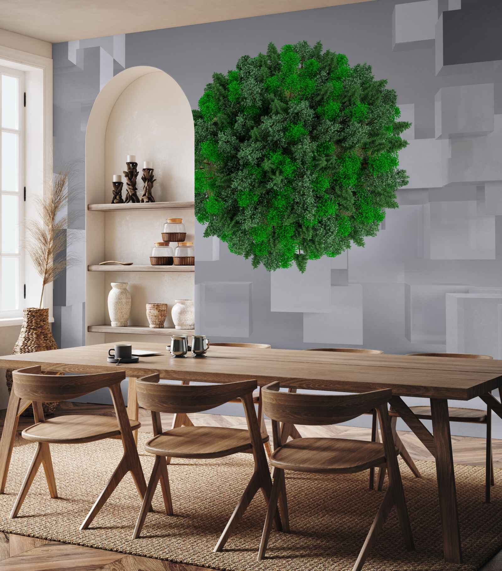 Papier peint carte géométrique recouverte d'un manteau vert de plantes