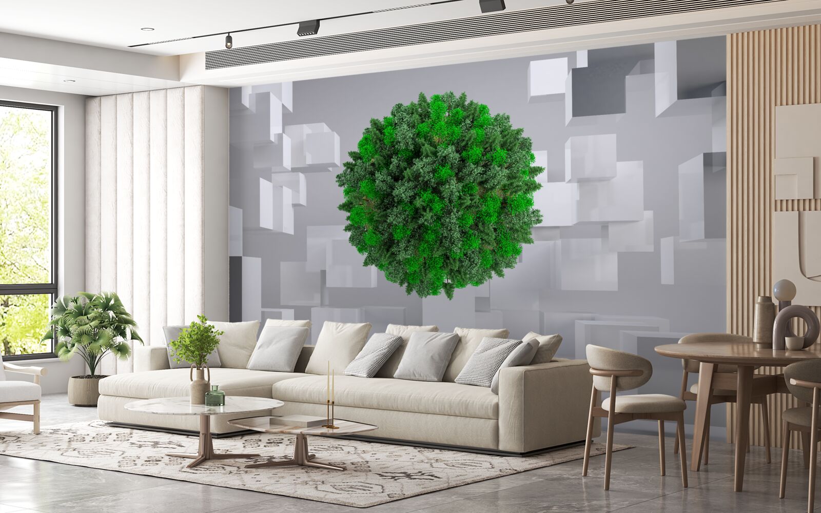 Papier peint carte géométrique recouverte d'un manteau vert de plantes