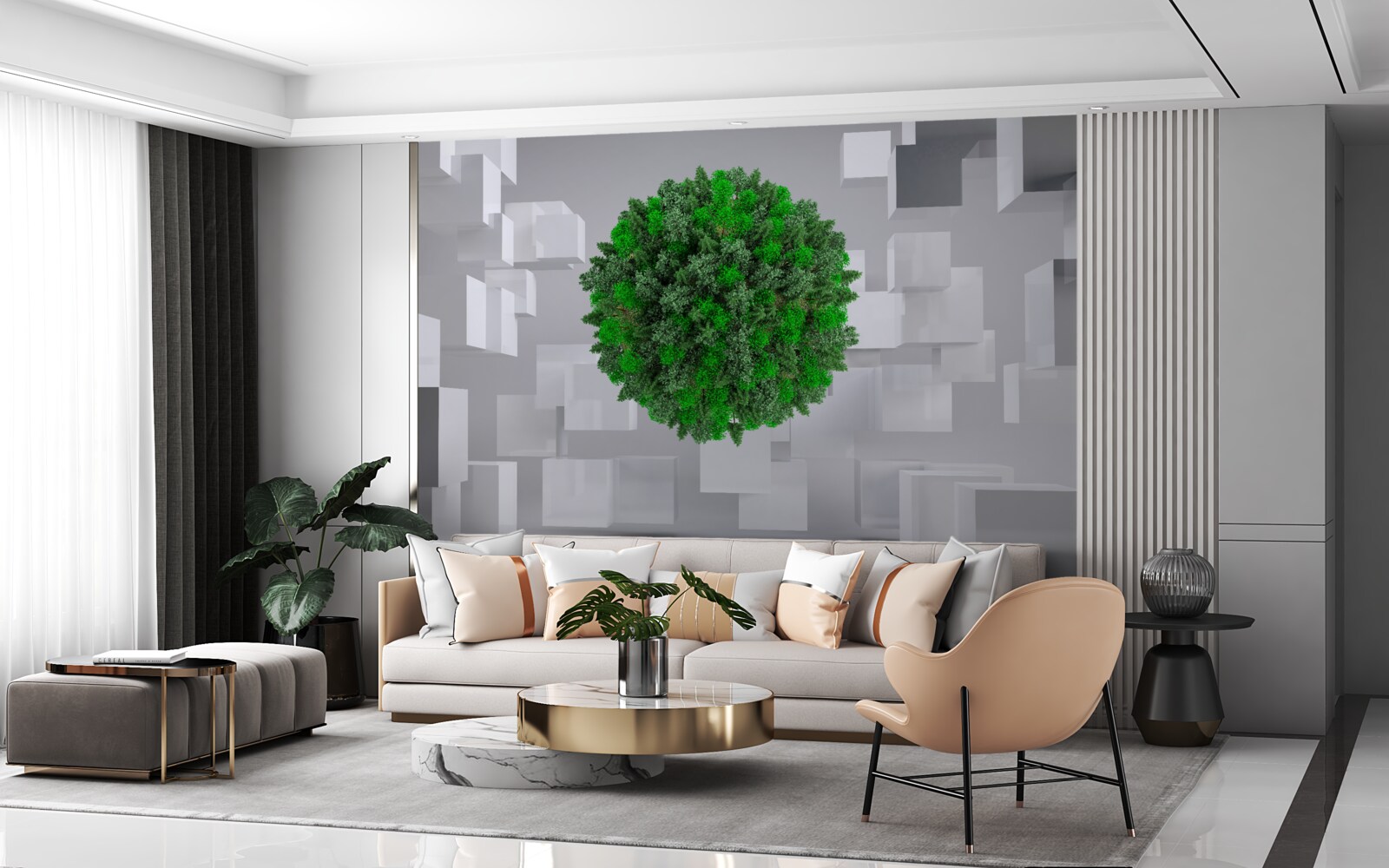 Papier peint carte géométrique recouverte d'un manteau vert de plantes
