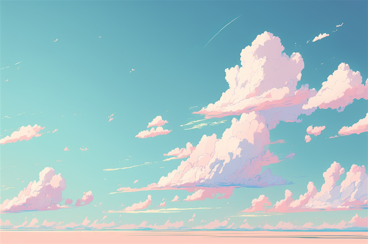 Papier peint le ciel bleu est décoré de nuages roses