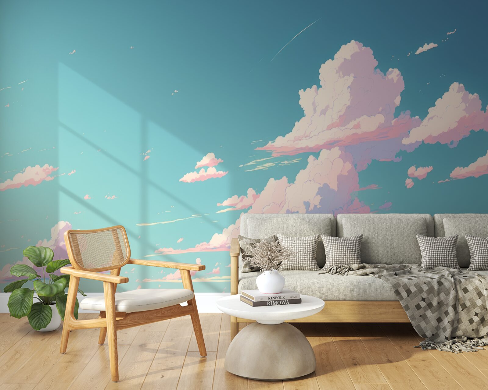 Papier peint le ciel bleu est décoré de nuages roses