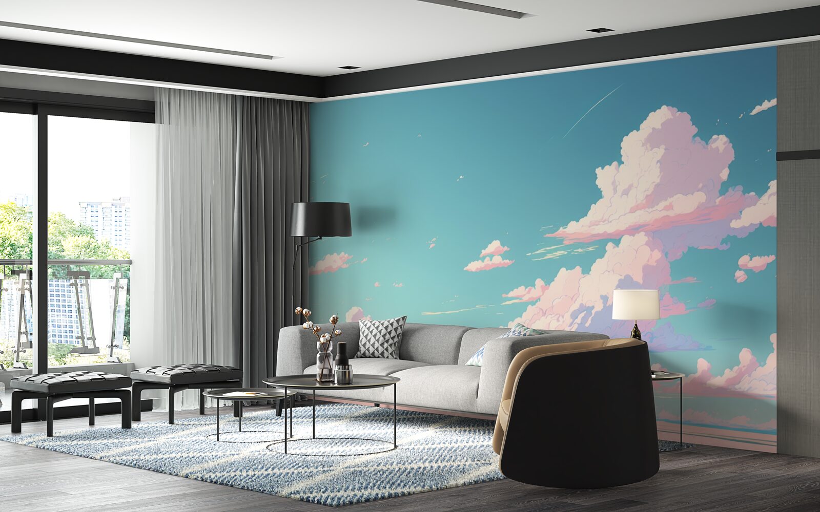 Papier peint le ciel bleu est décoré de nuages roses