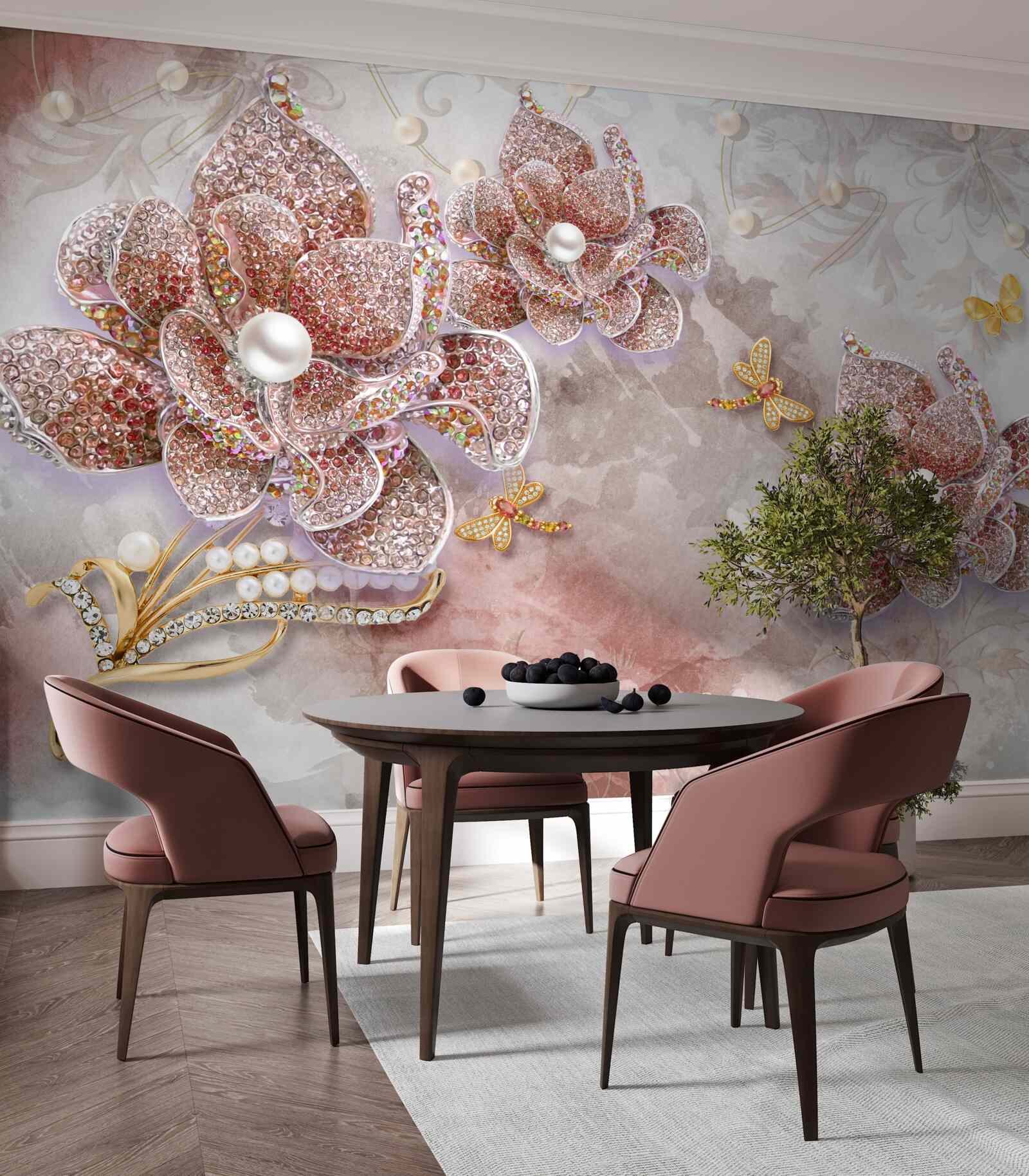 Papier peint boutons de fleurs en pierres rouges et nacre
