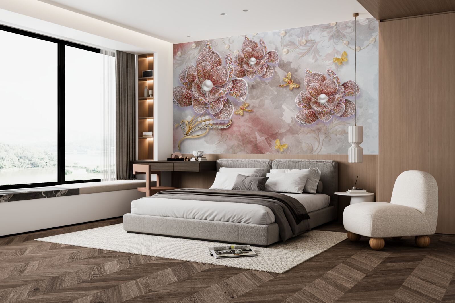 Papier peint boutons de fleurs en pierres rouges et nacre