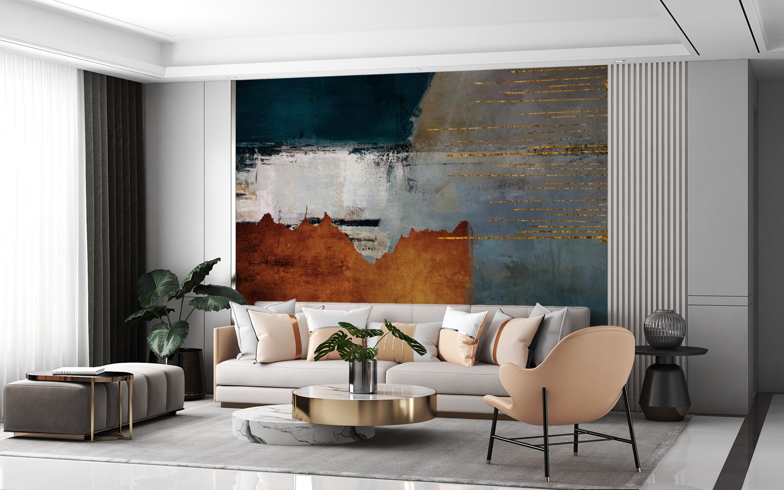Papier peint le fond coloré est décoré de lignes d'or
