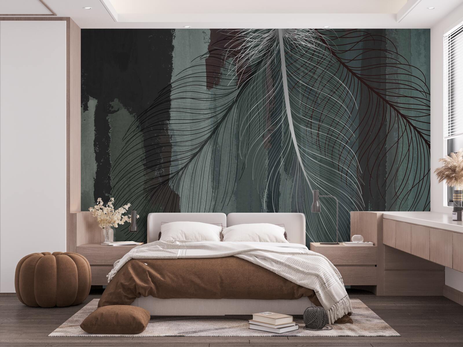 Papier peint fond sombre décoré de plumes tropicales