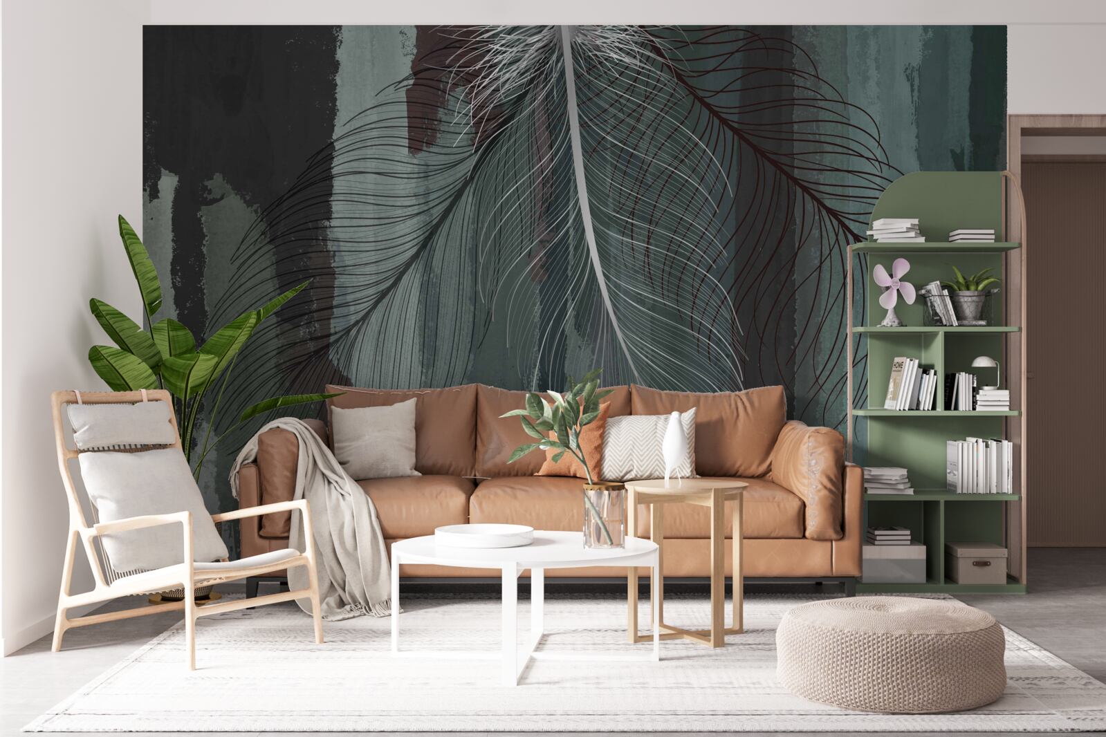 Papier peint fond sombre décoré de plumes tropicales