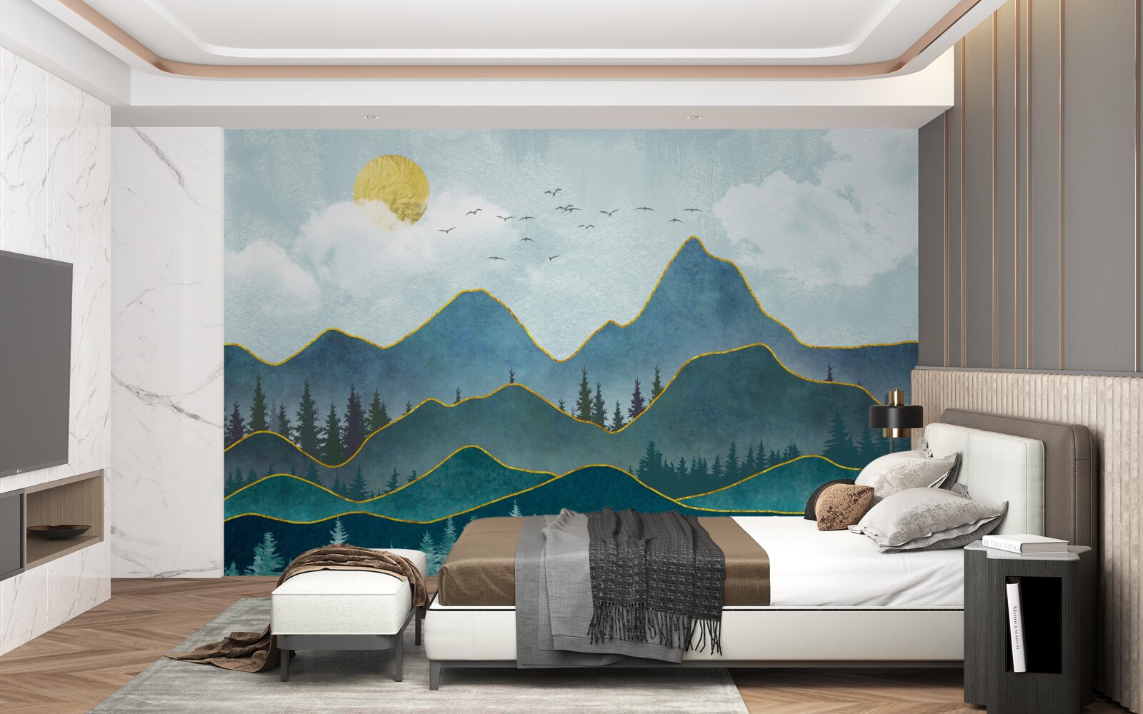 Papier peint image graphique d'une vallée fluviale et d'un arbre de montagne